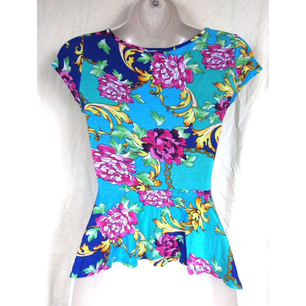 Teal with floral design Summer vacation blouse, size SM - Picture 3 of 4